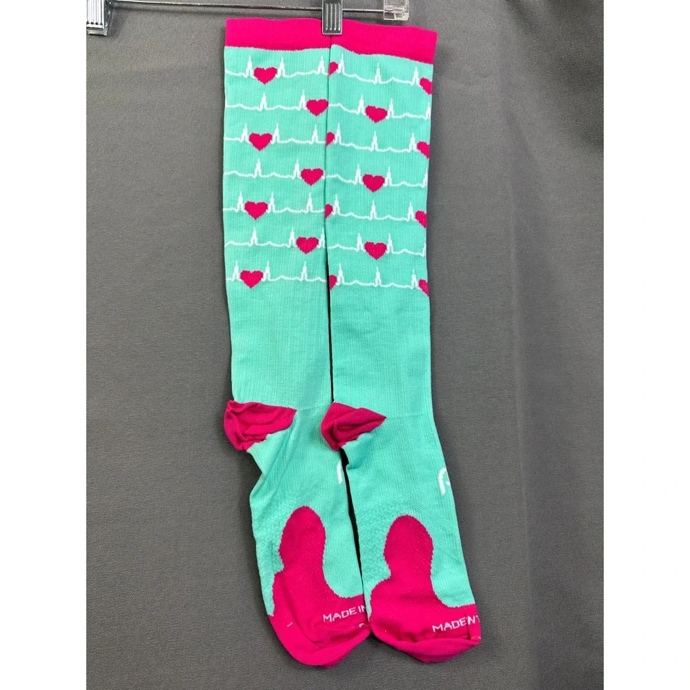 2 pairs Teal Pink EKG Heartbeat Compression Socks Knee High LG/XL Made in USA‎